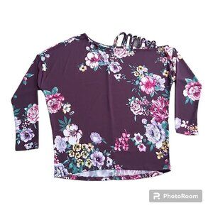 White Birch Floral Print Long Sleeve Boat Neck Crisscross Top - Size Small